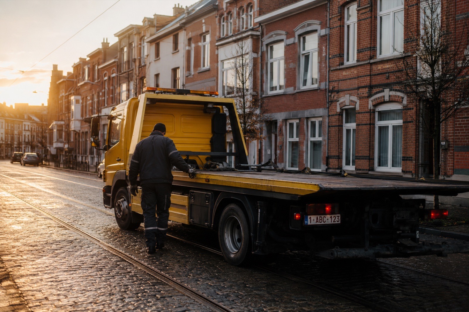Camion plateau Mercedes ABD Depannage sur une rue d'Anderlecht au lever du jour - service 24/7
