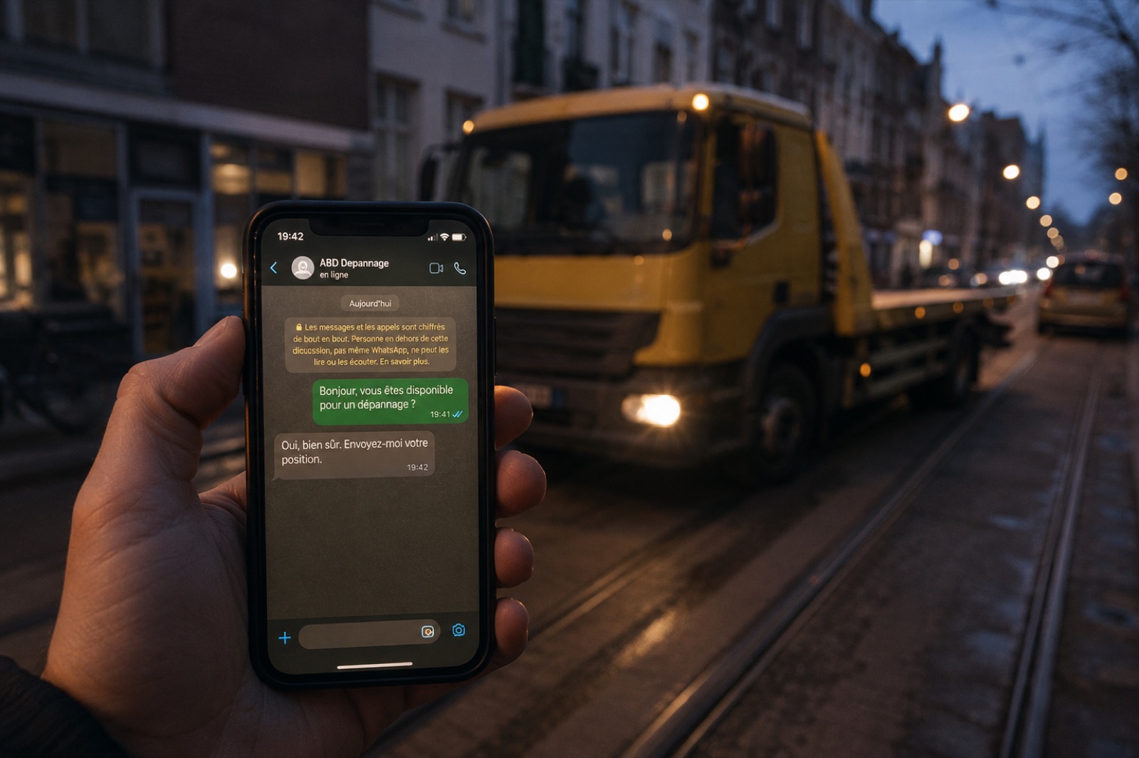 Contact ABD Depannage Anderlecht - smartphone affichant WhatsApp avec camion en arriere-plan