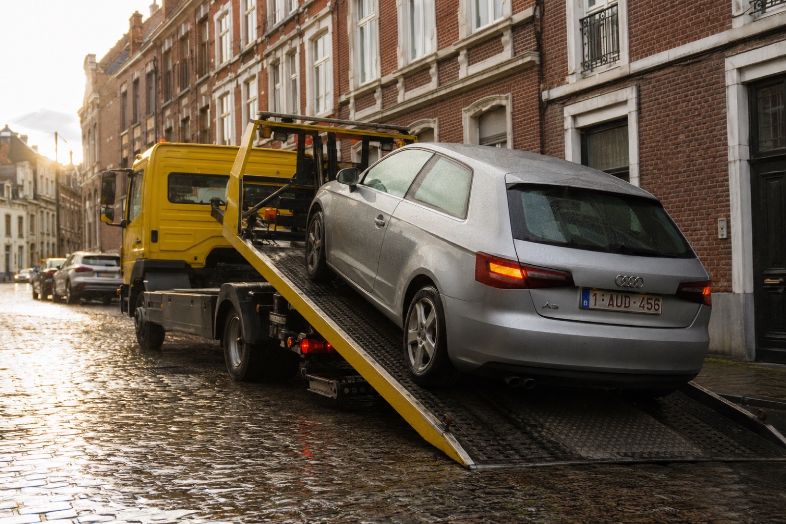 Remorquage voiture Anderlecht - chargement Audi sur plateau Mercedes ABD