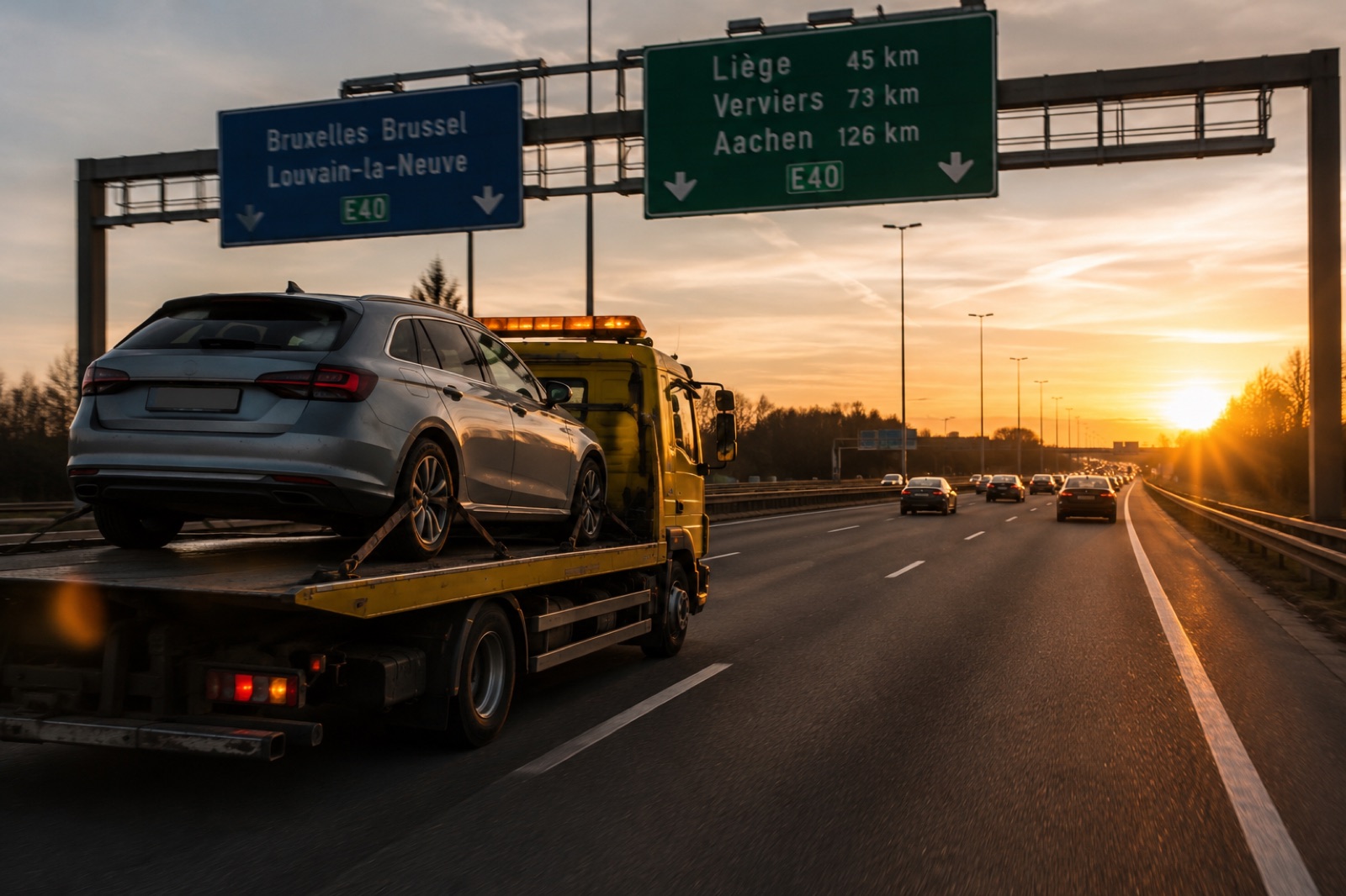 Transport longue distance vehicule sur autoroute belge E40 vers Liege - ABD